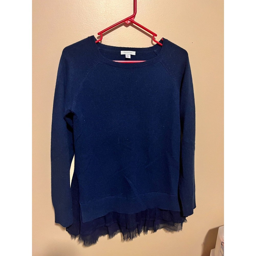 Garnet Hill Shirt Cashmere Sweater Size S Ruffle Lace Trim Long Sleeve Blue